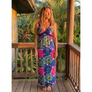 Vtg 70s Lauhala Hawaiian Dress Blue Pink V-neck Maxi Luau Womens Size Small